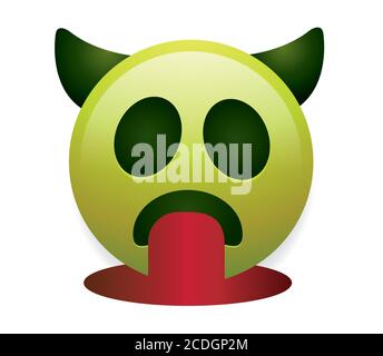 Emoticon di alta qualità con avvisatori acustici. Devil emoji isolato su sfondo bianco.Green viso diavolo emoji.vomit emoji.Horns emoticon. Illustrazione Vettoriale