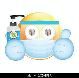 Emoji con sanitizer.Face con maschera medica e lavaggio a mano emoji.Mask emoji. Medical Mask emoticon.Thumbs su emoji. Illustrazione Vettoriale