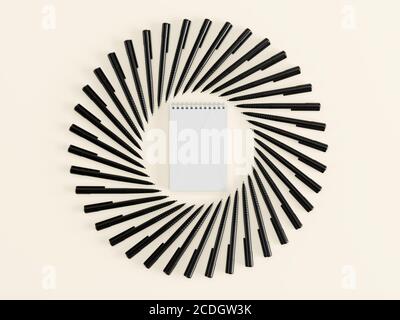 Molte penne nere identiche intorno a un notebook bianco. Rendering 3D Foto Stock