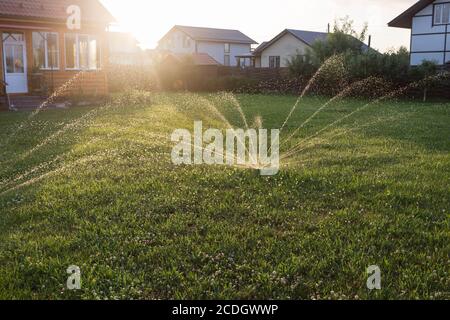 Impianto sprinkler automatico che innaffia il prato al tramonto Foto Stock