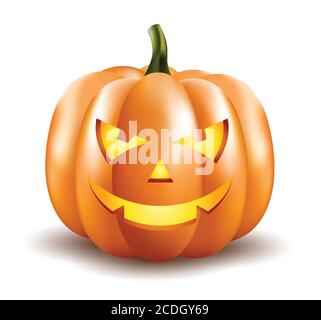 Halloween zucca isolato su sfondo bianco.Scary Jack o Lantern Halloween zucca con luce all'interno rendering 3d. Illustrazione Vettoriale