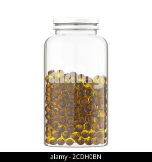 Vaso di plastica trasparente con coperchio blu e capsule dorate all'interno  Foto stock - Alamy