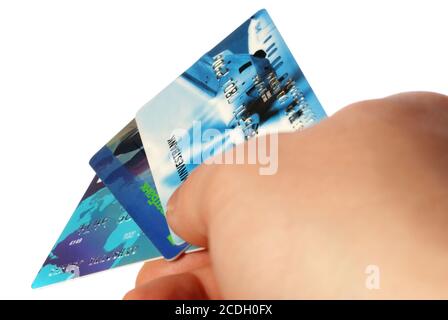 Carte di credito in una mano dell'uomo Foto Stock