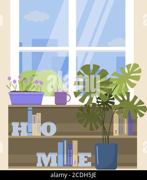 Finestra vettoriale con vista sulla città, con un fiore sul davanzale e una tazza di tè. Un'illustrazione piatta di una stanza con le librerie, i supporti del libro della lettera, un fiore della casa in una pentola della monstera e una finestra con la vista della città, degli alti-aumenti e degli alberi. Casa accogliente in caldo clima estivo. Illustrazione Vettoriale