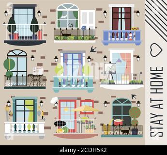 casa in mattoni a più piani con diversi balconi e oggetti di persone di diverse professioni che vivono in essa. Bellissimi balconi per attività ricreative e di lavoro. Soggiorno casa motivazionale banner. Case di mattoni di fronte. Illustrazione vettoriale piatta. Illustrazione Vettoriale
