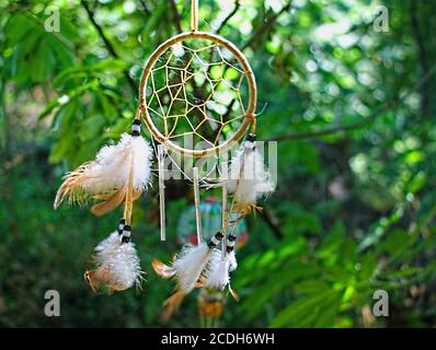 Un catcher da sogno dei nativi americani con piume soffia nel brezza di fronte a alberi verdi e piante Foto Stock