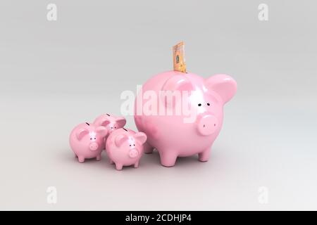 Concetto di Piggy Bank: Ottenere interesse sotto forma di piccole banche piggy. Una banconota da 50 euro ripiegata in apertura. Foto Stock