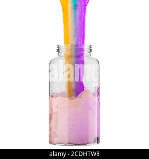 Un flusso multicolore si riversa in un vaso trasparente su uno sfondo bianco. Rendering 3D Foto Stock