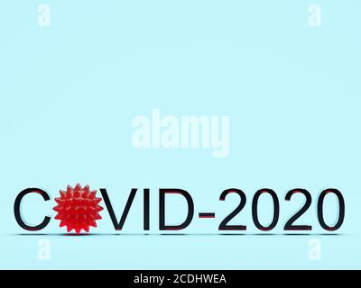 Parola scritta Covid-2020 con un virus rosso invece di una lettera su sfondo freddo. Rendering 3D. Foto Stock