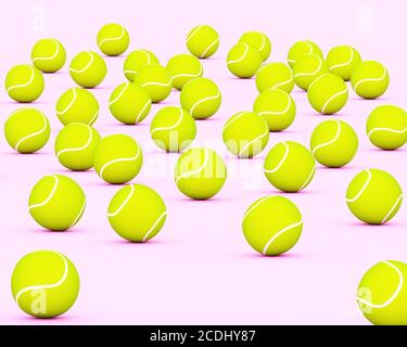 Un sacco di palle da tennis gialle sul pavimento rosa chiaro. Rendering 3D Foto Stock