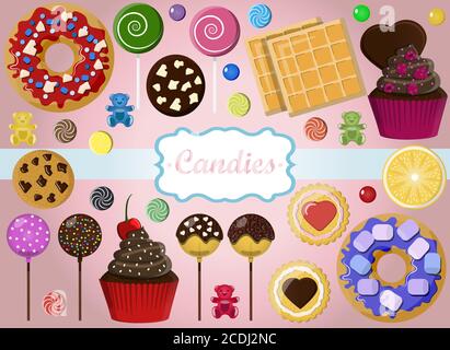 Una serie di dolci individuali su sfondo rosa. Biscotti, cupcakes, ciambelle, caramelle, marmellata, cioccolato, dolci, waffle. Set per una pasticceria, bambini, per una vacanza, per una festa. Candy bar per le vacanze Illustrazione Vettoriale