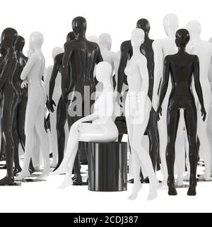 Manichini bianchi e neri in plastica in diverse pose, maschio e femmina. rendering 3d Foto Stock