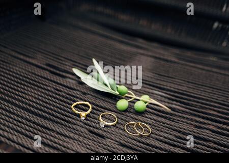 Anelli di nozze d'oro della sposa e dello sposo, anello di fidanzamento e anello di lamina con olio d'oliva sprig con frutta su sfondo sfocato. Foto Stock