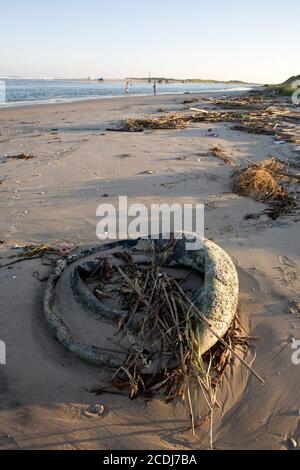 Brownsville, Texas USA, 4 ottobre 2007: Un tubo interno sgonfio taglia il terreno intorno alla spiaggia di Boca Chica, dove il fiume Rio Grande, il confine tra il Messico e gli Stati Uniti, incontra il Golfo del Messico nella contea di Cameron, Texas. Il fiume, largo circa 40 metri, è il luogo preferito per gli incroci illegali negli Stati Uniti dal Messico. ©Bob Daemmrich Foto Stock