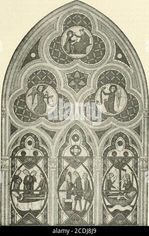 . fenêtres àlancettes de l'art chrétien . par leur élusion et leurs fenêtres ; le triforium et les hautes voûtes à,garnies de superbes vitraux anciens, complètent, avec les   nervures toriques, cette admi-raable couronne aérienne. La série des vitraux anciens des hautes fenêtreset du pourtour du chœur est Fort intéressante;sans égaler ceux du Mans ou de Chartres, ilsprésentent une tonieuse coloration et unesavante harmonie des tons. Les artistes des XIIIeet XIVe siècles savaient juxtaposer les rouges, Cratmuj: Lies ^ottétés savantes. 533 les bleus et les jaunes dans une mesure parfaite Foto Stock