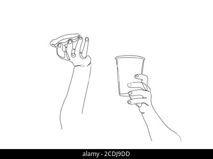 Un disegno di linea continuo delle mani che tengono una tazza di caffè caldo. Arte singola una linea nel quadro bianco e nero del caffè. Foto Stock