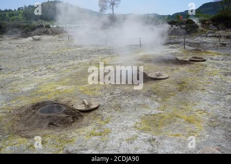 Fori di cottura a vapore in Furnas - Cozido das Furnas: Il piatto vulcanico delle Azzorre. São Miguel, Azzorre, Portogallo. Foto di Willy Matheisl Foto Stock