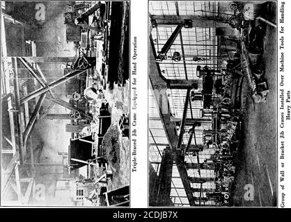 . La ciclopedia per la movimentazione dei materiali; un libro di riferimento che copre le definizioni, le descrizioni, le illustrazioni e i metodi d'uso delle macchine per la movimentazione dei materiali impiegate nell'industria . GRU di trasferimento 171; con magnete e utilizzate per la movimentazione di metalli sfridi o rottami di manu; oppure con benna automatica per movimentare minerali, cal, coke, pietre frantumate, sabbia e ghiaia, o altri materiali simili. Le gru a portale fisse possono essere realizzate praticamente in qualsiasi capacità e qualsiasi intervallo desiderato. Le dimensioni più piccole, con una capacità di rangingin fino a circa 2S tonnellate, sono generalmente equipaggiate con un carrello a catena e un paranco azionati a mano; orwit Foto Stock