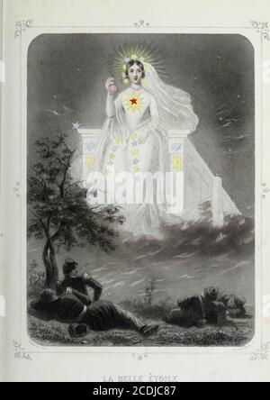 . Les etoiles; derniere feerie . premiersrayons du jour. Lorsque la chaleur devint eccessivo, ils 52 LA BELLE ÉTOILE. Séloignèrent de la grande route, se choisirent une fraîchealcôve darbres, et firent une longue sieste, comme les plusépicuriens des Napolitains. Deux repas dune frugalité exemplaire leur avaient suffipour réparer leurs Forces et soutenir leurs pieds sur le che-min dépines qui mène à Paris. La nuit suivante, ils sarrêtèrent encore à la même au-berge, à lenseigne de la Belle-Étoile, et comme ils avaientpayé, pendant le jour, un large arriéré au sommeil, cecréancier inesorabile, il Foto Stock