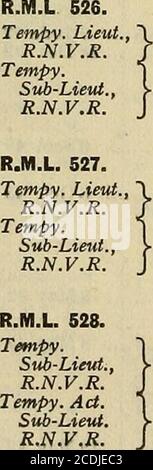 . La lista Navy . E.F. Jolliffe 17 ago 42 J. S. Bain 17 ago 42 R.M.L. 525. Tempy.J.uut., y ^ jicks 2 luglio 42 Tempy. ) Sub-Lieut., J-D. Gill - Settembre 44 R.N.V.R. J. A. C. H. Vibert 20 luglio 42 C. G. S. Livingston 20 luglio 42 D. P. R.Hunt 22 agosto 42 C. W. Corte 17 agosto 42 E. C. D. Homan 27 settembre 42 J.B.Perkins 27 marzo 44 C. C. Campbell 18 agosto 42 E.A.Wilkes 9 luglio 43. R.M.L. 529. Tempy. Lieut., R.N.V.R. Tempy.Sub-Lieut.,N.V.R. Foto Stock