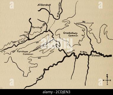 . Gli altipiani del Surrey sud-ovest; uno studio geografico in sabbia e argilla. Che scorre in primo luogo verso est, con una brusca svolta si piega al nord. Sia il Wey che il Blackwater qui formwhat è chiamato un gomito di cattura. I due fiumi sono separati da circa due gemelle di distanza e da un basso aumento nel terreno. Il terreno tra è in gran parte alluvionale. Sembra molto certo che qui abbiamo un caso di cattura.questa direzione nord-est era probabilmente il corso originale del fiume, che ha formato le thhehead-Waters del Blackwater, un largerRiver molto che è attualmente. Se sì, il Bramsho Foto Stock