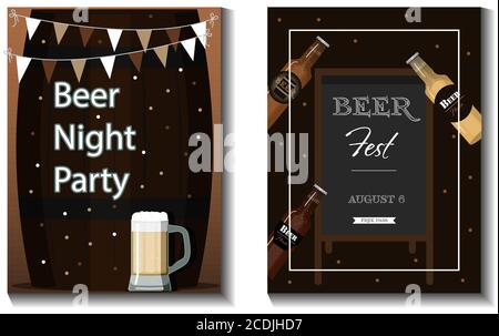 Un set di volantini vettoriali per una festa della birra, un festival o una pubblicità. Illustrazione piatta con tazze di birra, bottiglie di birra, bicchieri e decorazioni per le vacanze. Banner con informazioni su una festa, una vacanza e un happy hour in una birreria all'aperto. Annunci per Oktoberfest, vacanze o immagini per un ristorante, un pub o un negozio di alcolici. Set di biglietti da visita Illustrazione Vettoriale