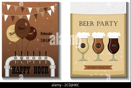 Un set di volantini vettoriali per una festa della birra, un festival o una pubblicità. Illustrazione piatta con tazze di birra, bottiglie di birra, bicchieri e decorazioni per le vacanze. Banner con informazioni su una festa, una vacanza e un happy hour in una birreria all'aperto. Annunci per Oktoberfest, vacanze o immagini per un ristorante, un pub o un negozio di alcolici. Set di biglietti da visita Illustrazione Vettoriale