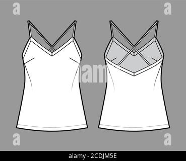 Camisole illustrazione tecnica della moda con collo a V lusinghiero, spalline incrociate con spaghetti, vestibilità rilassata. Modello di abbigliamento da esterno piatto con canotta, anteriore, posteriore, colore bianco. Donna, uomo camicia top mockup CAD Illustrazione Vettoriale