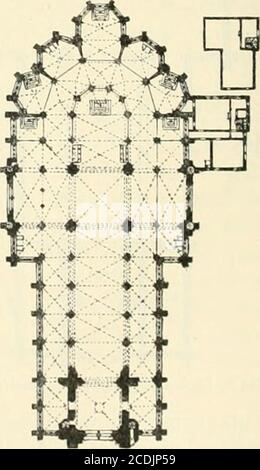 . Revue de l'art chrétien . Chevet de la cathédrale du Mans. Elles peuvent aussi être contigués, de manièreque leurs murs séparatifs convention des piliers. Plan d église paroissiale,Projet de M. larchitecte Bosschaert. Butants pour le soutien des voûtes hautes duchœur, et cest la disposizione usuelle. Les chapelles de rond-point sont toujours en Mélanges. 417 nombre imppair; celle qui tombe dans laxe duchœur est souvent notablement plus profondeque les autres. Signalons une disposizione spéciale, usitée dans quelques églisesanciennes, qui con-siste à accoler audéambulatoire despseudo - chapelle Foto Stock