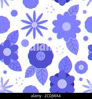 Motivo senza cuciture con fiori decorativi blu creativi con contorni sfumati, sfondo bianco Foto Stock