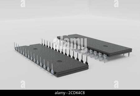 Primo piano del vecchio microchip del microprocessore retrò dai computer degli anni '80 e '90. Illustrazione 3D Foto Stock