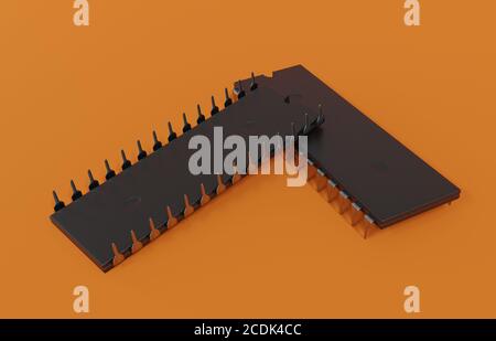 Primo piano del vecchio microchip del microprocessore retrò dai computer degli anni '80 e '90. Illustrazione 3D Foto Stock