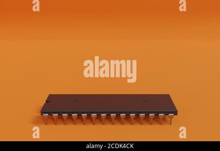 Primo piano del vecchio microchip del microprocessore retrò dai computer degli anni '80 e '90. Illustrazione 3D Foto Stock