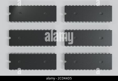 Primo piano del vecchio microchip del microprocessore retrò dai computer degli anni '80 e '90. Illustrazione 3D Foto Stock