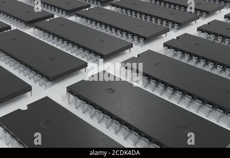 Primo piano del vecchio microchip del microprocessore retrò dai computer degli anni '80 e '90. Illustrazione 3D Foto Stock