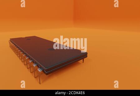 Primo piano del vecchio microchip del microprocessore retrò dai computer degli anni '80 e '90. Illustrazione 3D Foto Stock