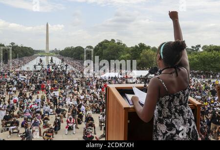 Washington, Stati Uniti. 28 Agosto 2020. Yolanda Renee King, nipote del Rev. Martin Luther King Jr., parla al 'Get Your Knee Off our Neck' impegno marzo su Washington 2020 al Lincoln Memorial a Washington, DC, il 28 agosto 2020. Il 2020 marzo di Washington si celebra il 57° anniversario della marcia storica del Dr. Martin Luther King, quando ha tenuto il suo discorso "ho un sogno". Foto di Jonathan Ernst/UPI Credit: UPI/Alamy Live News Foto Stock