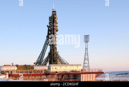 Soyuz Spacecraft su Launch Pad a Baikonur Foto Stock