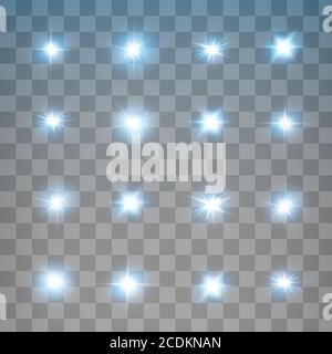 Set di effetti di luce neon vettoriale. La luce blu brillante esplode su uno sfondo trasparente.Bright Star. Illustrazione Vettoriale
