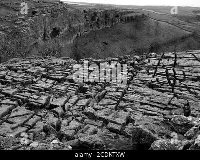 Immagine BW del modello dei famosi clint e grykes di pietra calcarea che si erigano sopra Malham Cove, Yorkshire Dales National Park North Yorkshire, Inghilterra, Regno Unito Foto Stock