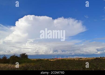 Tempesta con nube di incudine, un cumulonimbus, visto su Essex da Cliffe, Kent nord che guarda sul Tamigi e DP World Gateway container porto, agosto. Foto Stock