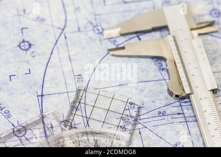 Molto dettagliata di ingegneria meccanica blueprint con manometro Foto Stock