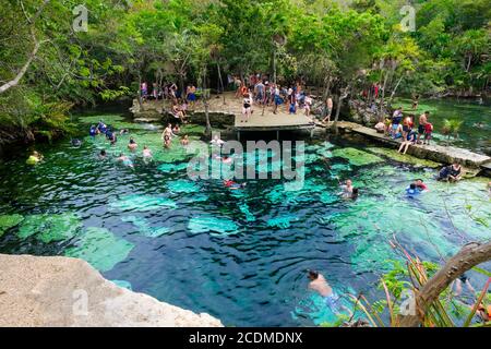 QUINTANA ROO, MESSICO - APRILE 15,2019 : locali e turisti che si godono un cenote all'aperto nella giungla dello Yucatan in Messico Foto Stock