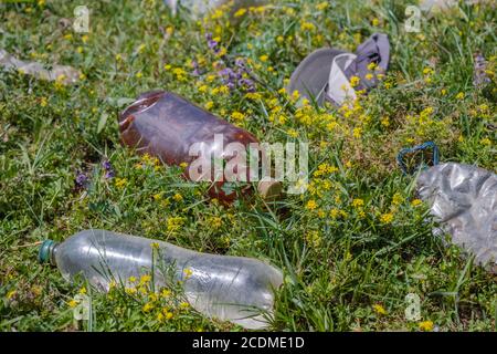 Immagine simbolica inquinamento ambientale, rifiuti plastici sulle rive del Danubio, delta del Danubio, Vylkove, Ucraina Foto Stock