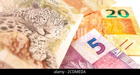 Valuta reale, denaro dal brasile. Banconote brasiliane in primo piano. Dinheiro, Reais, Real brasileiro, Real brasiliano. Foto Stock