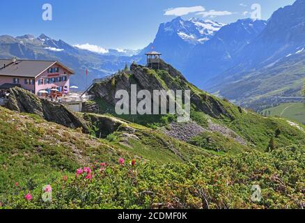 Mountain inn su Kleine Scheidegg con Wetterhorn, Patrimonio Naturale dell'Umanità dell'UNESCO, Wengen, Jungfrau regione, Alpi Bernesi, Oberland Bernese, Cantone di Foto Stock