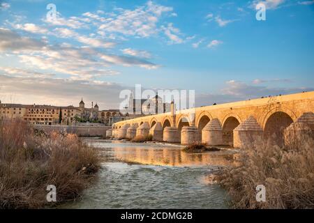 Puente Romano, ponte romano sul Rio Guadalquivir, dietro Mezquita, Catedral de Cordoba, Cordoba, Andalusia, Spagna Foto Stock