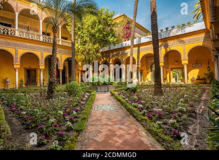 Patio con colonnato, cortile interno con aiuole, palazzo nobiliare andaluso, Palacio de las Duenas, Siviglia, Andalusia, Spagna Foto Stock