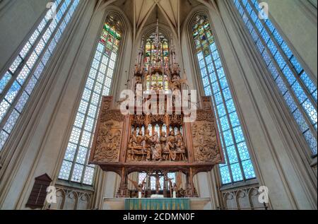 Ultima cena, altare del sangue Santo dal 1505, scultore Tilman Riemenschneider, Chiesa di San Jakob, Rothenburg ob der Tauber, Franconia, Baviera, Germania Foto Stock