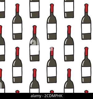 bottiglia di vino senza cuciture motivo doodle, illustrazione vettoriale Illustrazione Vettoriale